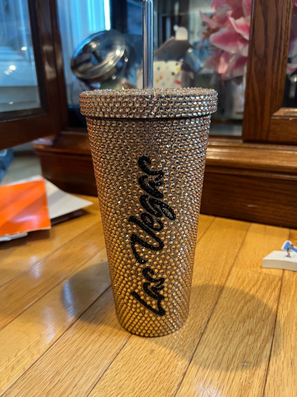 Rhinestone Tumbler Cup with Straw - Rose Gold